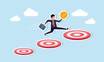 A businessman carrying a dollar coin runs and jumps over a row of target boards, illustration of step-by-step achievement in completing business targets to gain increased profits vector