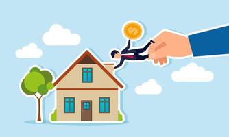 A businessman hold a dollar coin is pulled by a hand while tightly grip a house chimney, illustration of recruit a financial manager from their comfort zone in a previous company vector