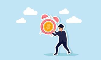 A thief walks carrying an alarm clock labeled with a dollar coin, illustration of fraud manipulating investment time schedules vector