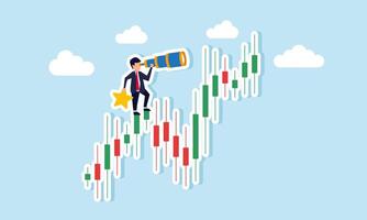 A businessman observes through a telescope atop a stock chart holding a star, illustration of monitoring and analyzing business performance to ensure quality improvement vector