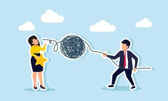 A businessman pulls chaotic elements out of a businesswoman mouth holding a star, illustration of receiving useless input on improving business ratings and quality vector