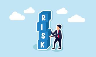A businessman pulls a block labeled S from a stack of blocks spelling RISK, illustration of final review and assessment of business risk mitigation vector