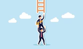 A businessman hold a key receives help climbing a ladder from his partner by step on their back, illustration of business partner support for gaining solutions to improve performance vector