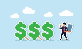A businessman carrying wood and a big hammer aims to support a row of dollar signs to prevent them from falling, illustration of securing company financial assets vector