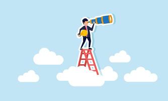 A businessman holds a lit lamp and peers ahead while climbing a ladder above the clouds, illustration of observing and analyzing trends in emerging business ideas and innovations vector