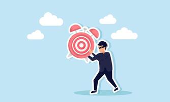 A thief walks carrying an alarm clock labeled with a target board, illustration of fraud manipulating business target time schedules vector