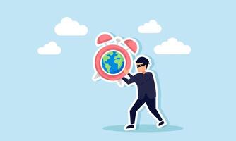 A thief walks carrying an alarm clock labeled with a globe, illustration of fraud manipulating global business project time schedules vector