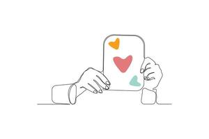 Hand holding birthday card continuous single-line art drawing vector