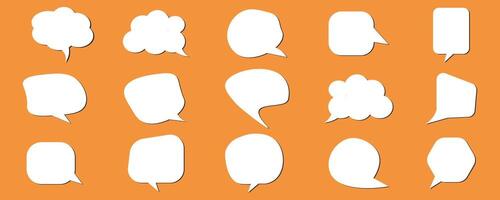 Comic speech bubble empty text box set. Collection of various cartoon speech bubbles on a light orange background. vector