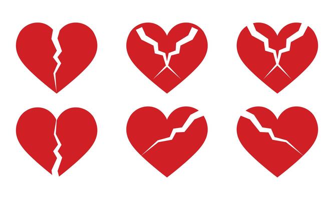Red broken heart icon or divorce flat icon. Silhouette of broken heart.