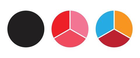 Three part pie charts in various colors for data visualization. Circle divided into three equal segments. vector