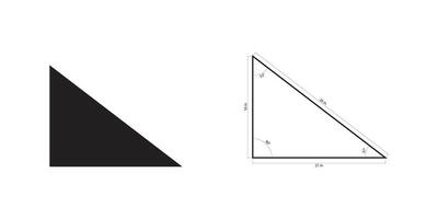 Right angle icon. A black triangle with labeled dimensions, presented alongside a fully labeled, detailed technical drawing of the same triangle. vector
