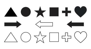 Basic geometric shapes, including triangles, circles, stars, squares, plus signs, and hearts, rendered in both black solid fill and white outlines. vector