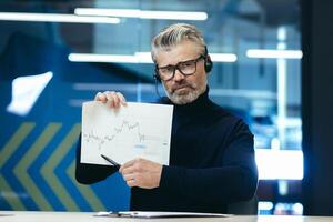 A serious businessman in headphones with a microphone conducts an online business meeting, a web conference, sits in the office, holds charts, a project in his hands and points to the camera photo