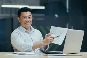 A young Asian businessman shows documents with graphs with a pen, holds in his hand, looks at the camera, smiles. Sitting at a desk with a laptop in a modern office. photo