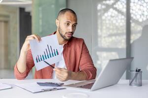 A professional individual presenting graph data while engaged in an online meeting at work. Captures themes of communication, analysis, and productivity in a contemporary office setting. photo