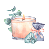 Eucalyptus branches, candle in a glass and sachets. Watercolor isolated composition on the background. For design, logos, decor, menu, printing png