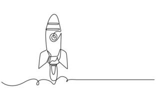 One continuous line drawing of simple retro spacecraft flying up to the outer space nebula vector