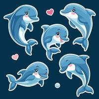 A set of stickers with dolphins in a cartoon style. vector