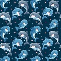 Seamless pattern with cute dolphins in cartoon style. vector