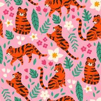 Seamless pattern with tigers, leaves and flowers on a pink background. graphics. vector