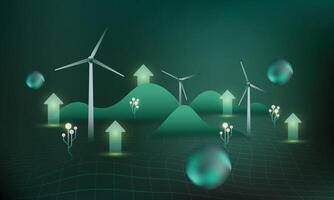 Futuristic green technology background with glowing circuit-like trees, rising arrows, and grid lines.sustainability, innovation, data analysis, and eco-friendly concept. vector