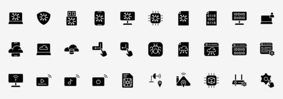 Icon set tech information include coding, pogrammer, malware, network etc. icon pack Glyph Solid style vector
