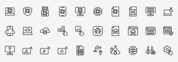 Icon set tech information include coding, pogrammer, malware, network etc. icon pack Line style vector