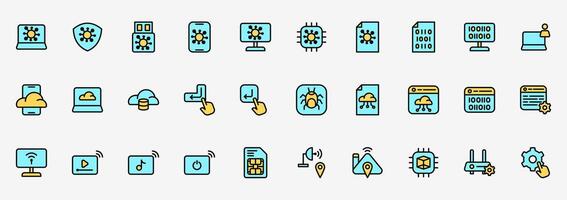 Icon set tech information include coding, pogrammer, malware, network etc. icon pack Line Flat color style vector