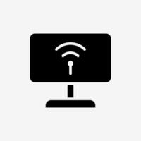 Icon Solid Black Computer or Tv with wifi connectivity. Technology and system concept, Glyph style. vector