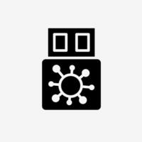 Icon Solid Black Virus on USB flash drive. Technology and system concept, Glyph style. vector