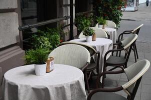 a table with a white cloth photo