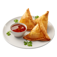 Golden Crispy Samosas on Transparent Background with a plate and a small cup of ketchup png
