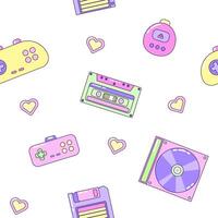 Seamless pattern with audio cassette and gamepad. Multicolored elements on white background. Retro illustration with outline in 90s style. illustration. vector