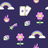 Seamless pattern with vintage flower and rainbow in style of 90s. Multicolored elements on dark background. Retro illustration with outline in 90s style. illustration. vector