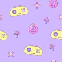 Seamless pattern with gamepads and fly agaric mushrooms. Multicolored elements on purple background. Retro illustration with outline in 90s style. illustration. vector