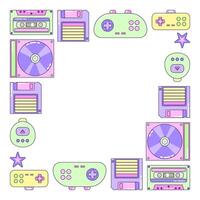 Square Frame Game and Music. Multicolored elements on white background. Retro illustration with outline in 90s style. Isolated illustration. vector
