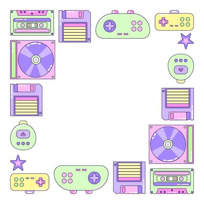 Square Frame Game and Music. Multicolored elements on white background. Retro illustration with outline in 90s style. Isolated illustration.
