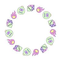 Round frame with fire, cube and electronic toy. Multicolored elements on white background. Retro illustration with outline in 90s style. Isolated illustration. vector