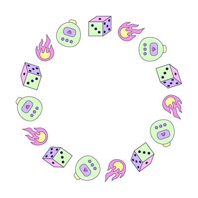 Round frame with fire, cube and electronic toy. Multicolored elements on white background. Retro illustration with outline in 90s style. Isolated illustration.