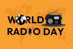 World radio day text with radio design and world map background. vector