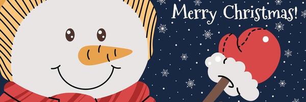 Horizontal banner card with a snowman in a hat and scarf on a blue background with snowflakes in a cartoon flat style. background for poster, banner, invitation, etc. vector