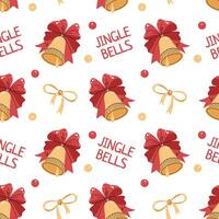 Seamless pattern with Christmas bell with red bow and inscriptions. holiday texture in flat style. Merry Christmas and Happy New Year. Suitable for wallpaper, wrapping paper, fabric, etc. vector
