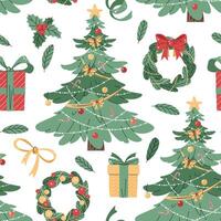 Seamless pattern with Christmas tree, wreath and gifts. holiday texture in flat style. Merry Christmas and Happy New Year. Suitable for wallpaper, wrapping paper, fabric, etc. vector