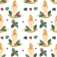 Seamless pattern with Christmas candle decorated with holly. holiday texture in flat style. Merry Christmas and Happy New Year. Suitable for wallpaper, wrapping paper, fabric, etc vector