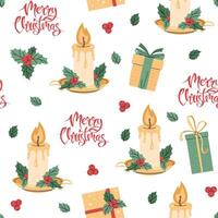 Seamless pattern with Christmas candle decorated with holly. holiday texture in flat style. Merry Christmas and Happy New Year. Suitable for wallpaper, wrapping paper, fabric, etc vector