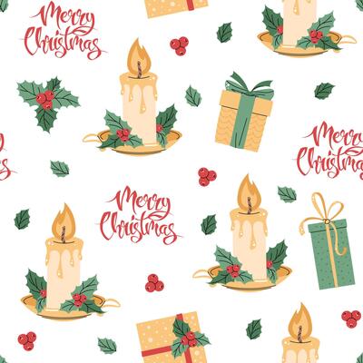 Seamless pattern with Christmas candle decorated with holly. holiday texture in flat style. Merry Christmas and Happy New Year. Suitable for wallpaper, wrapping paper, fabric, etc
