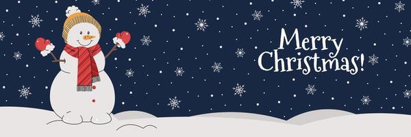 Horizontal banner card with a snowman in a hat and scarf on a blue background with snowflakes in a cartoon flat style. background for poster, banner, invitation, etc. vector