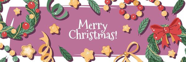 Christmas horizontal banner with a wreath, a garland, and confetti on a pink background in a flat cartoon style. illustration for poster, banner, invitation, etc. vector