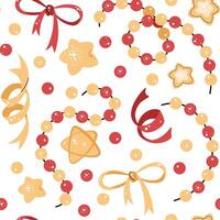 Seamless pattern with Christmas garland, stars and bows. holiday texture in flat style. Suitable for wallpaper, wrapping paper, fabric, etc vector